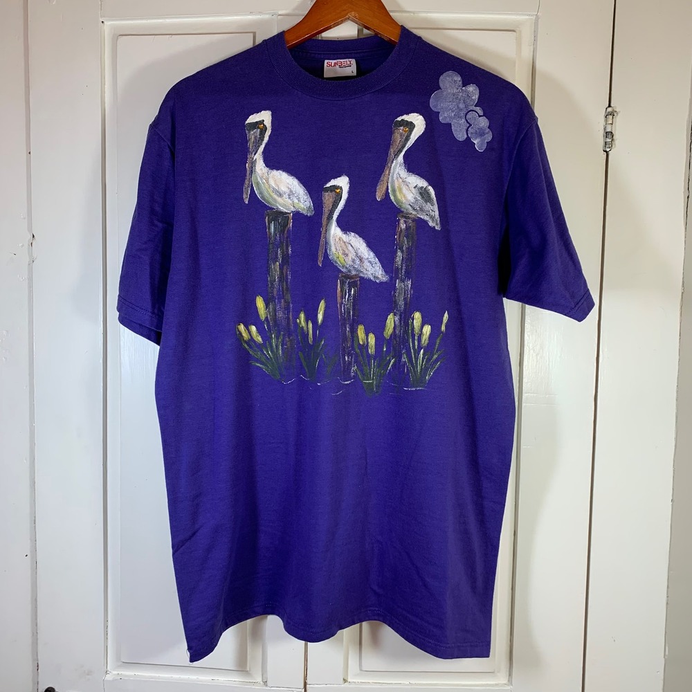 Vintage Sunbelt USA Tee Pelican Marsh Scene Rhinestone Art Purple Large Florida